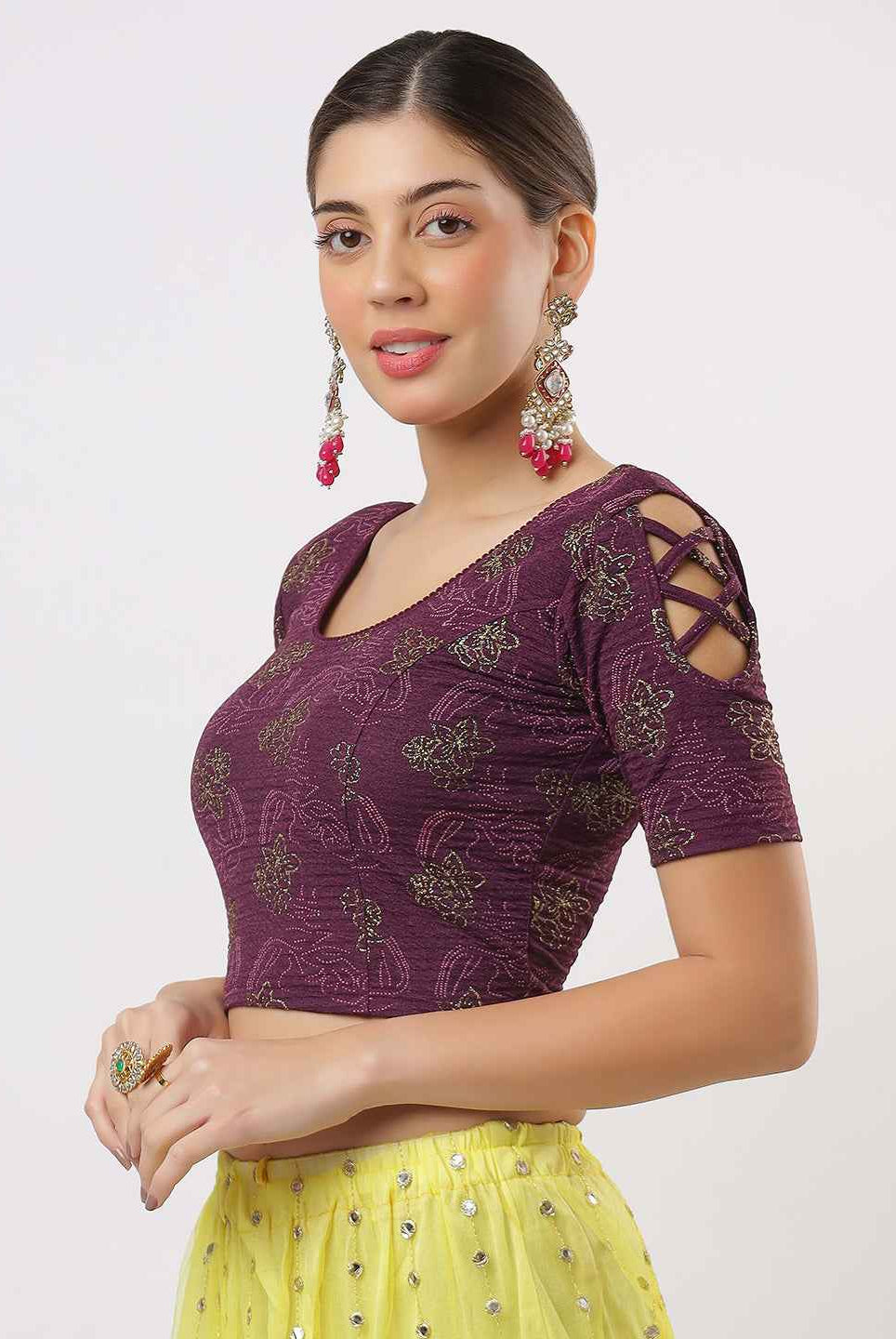 Stay On Trend: Latest Fashion Readymade Blouses for Women,round neckline with criss-cross style sleeves.1655