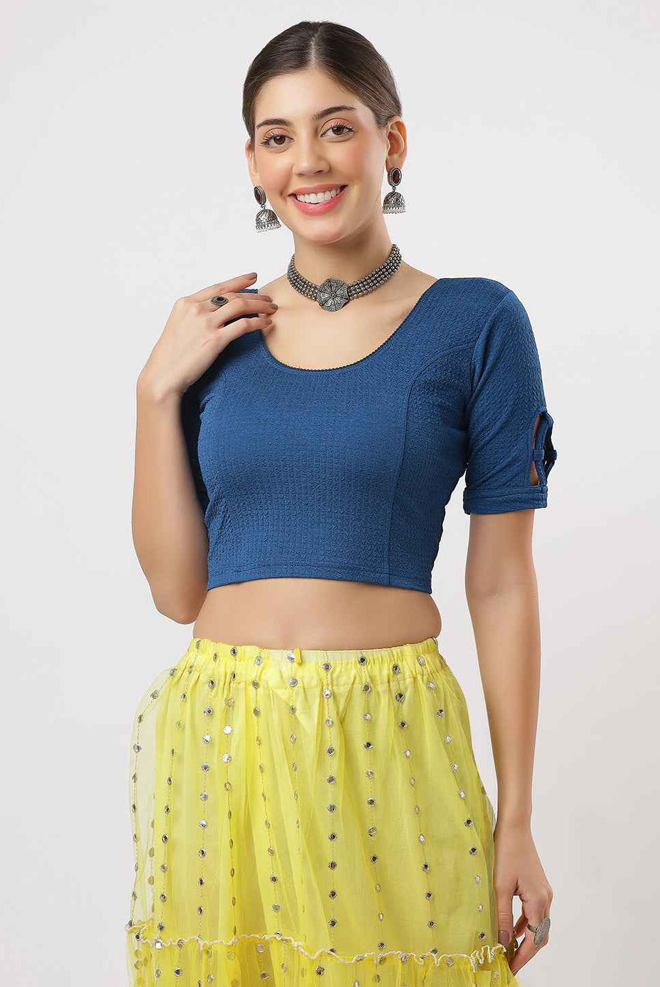 Stay On Trend: Latest Fashion Readymade Blouses for Women,round neckline,elbow sleeves,swarovski embellished all over.18300