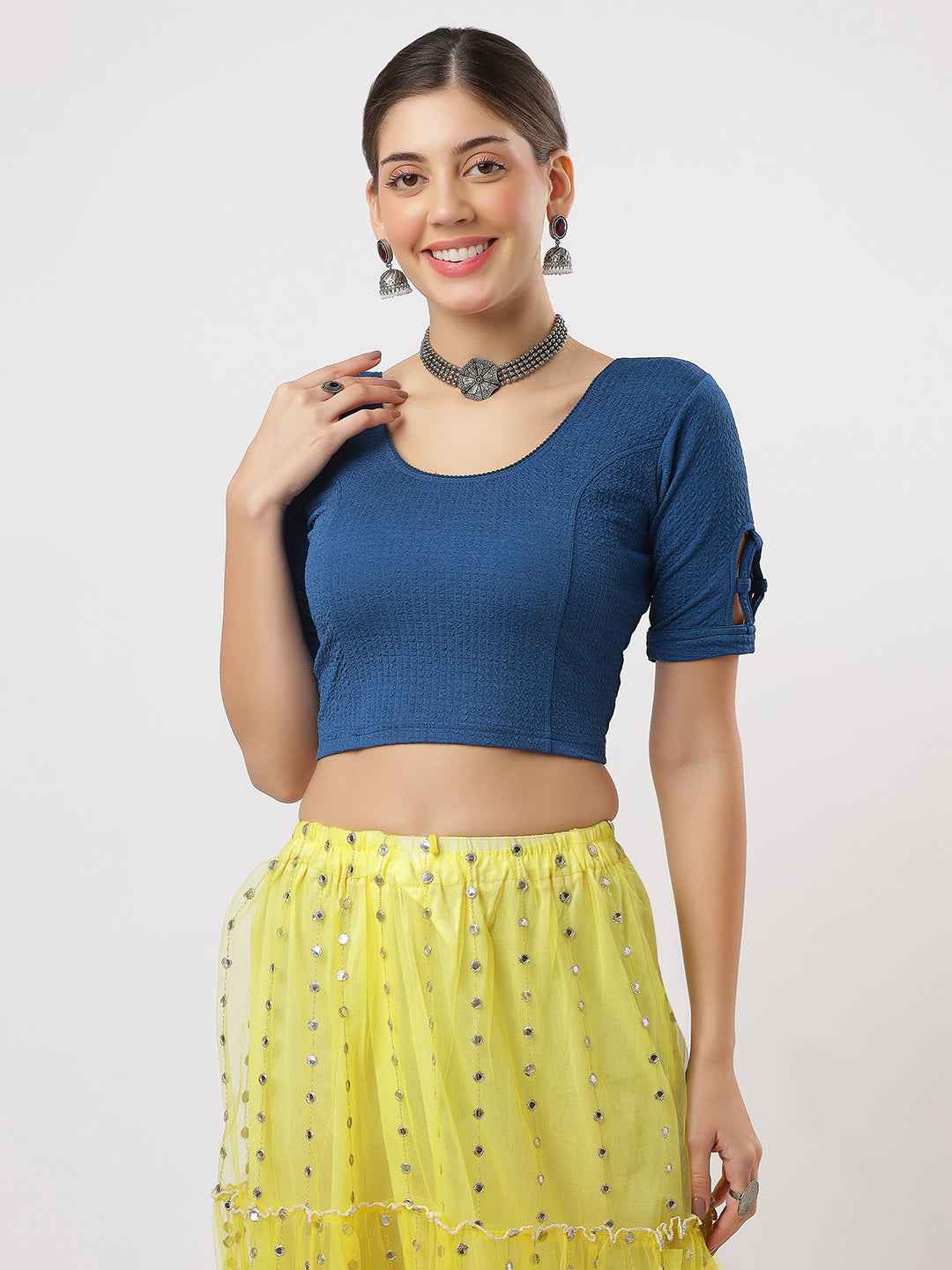 Stay On Trend: Latest Fashion Readymade Blouses for Women,round neckline,elbow sleeves,swarovski embellished all over.18300