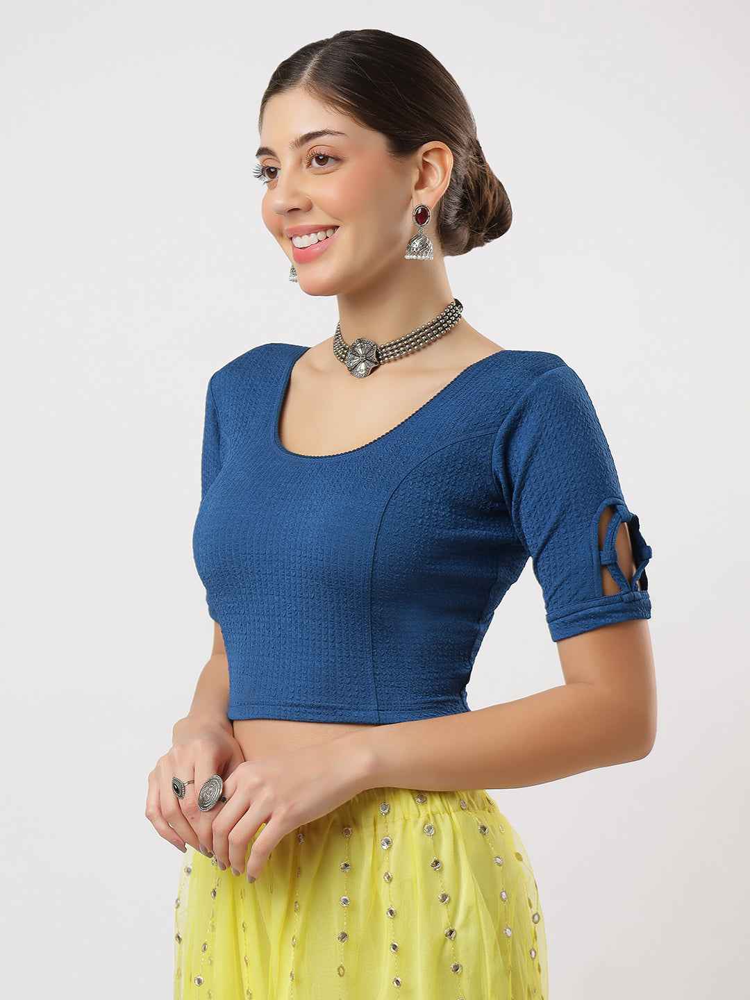Stay On Trend: Latest Fashion Readymade Blouses for Women,round neckline,elbow sleeves,swarovski embellished all over.18300