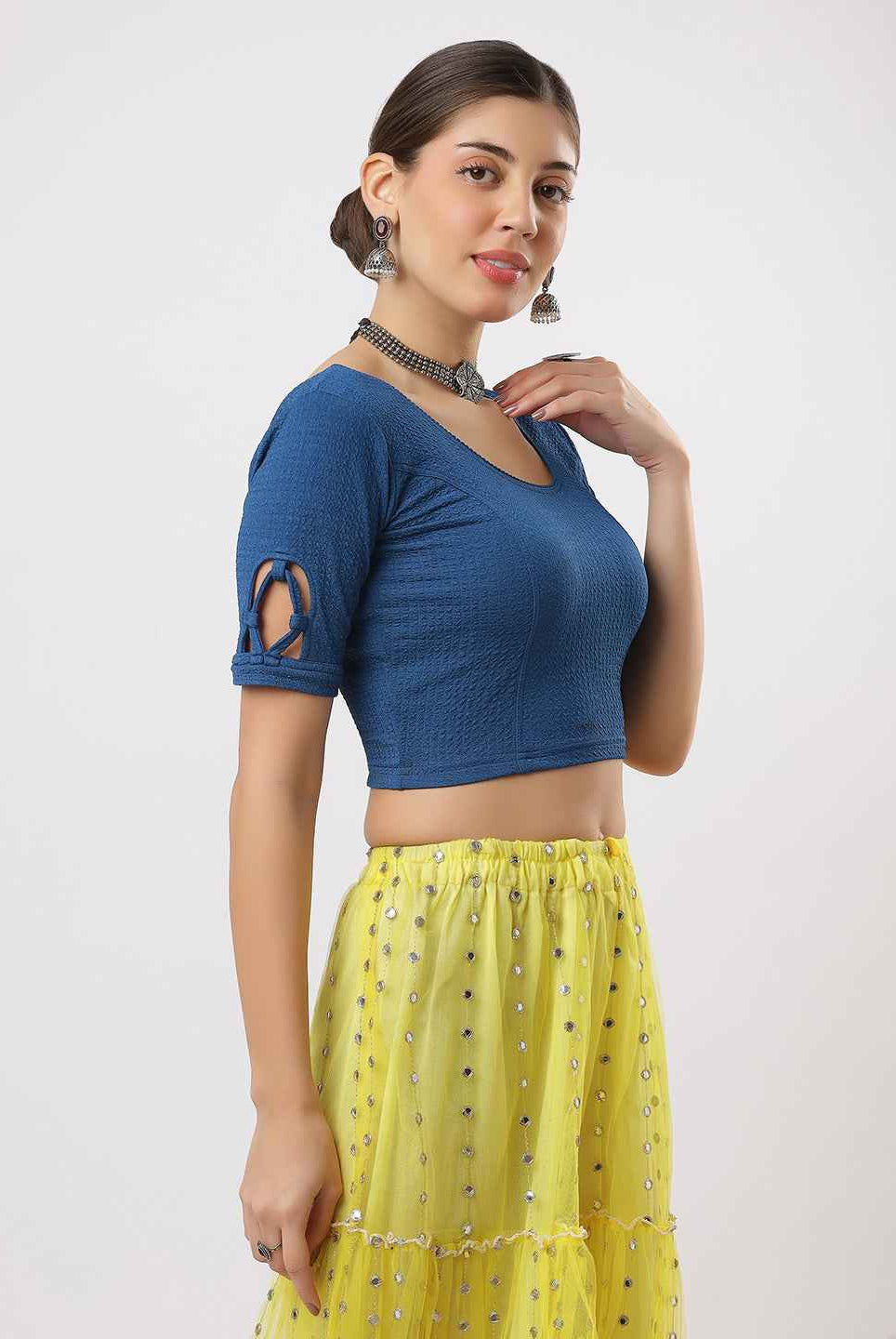 Stay On Trend: Latest Fashion Readymade Blouses for Women,round neckline,elbow sleeves,swarovski embellished all over.18300