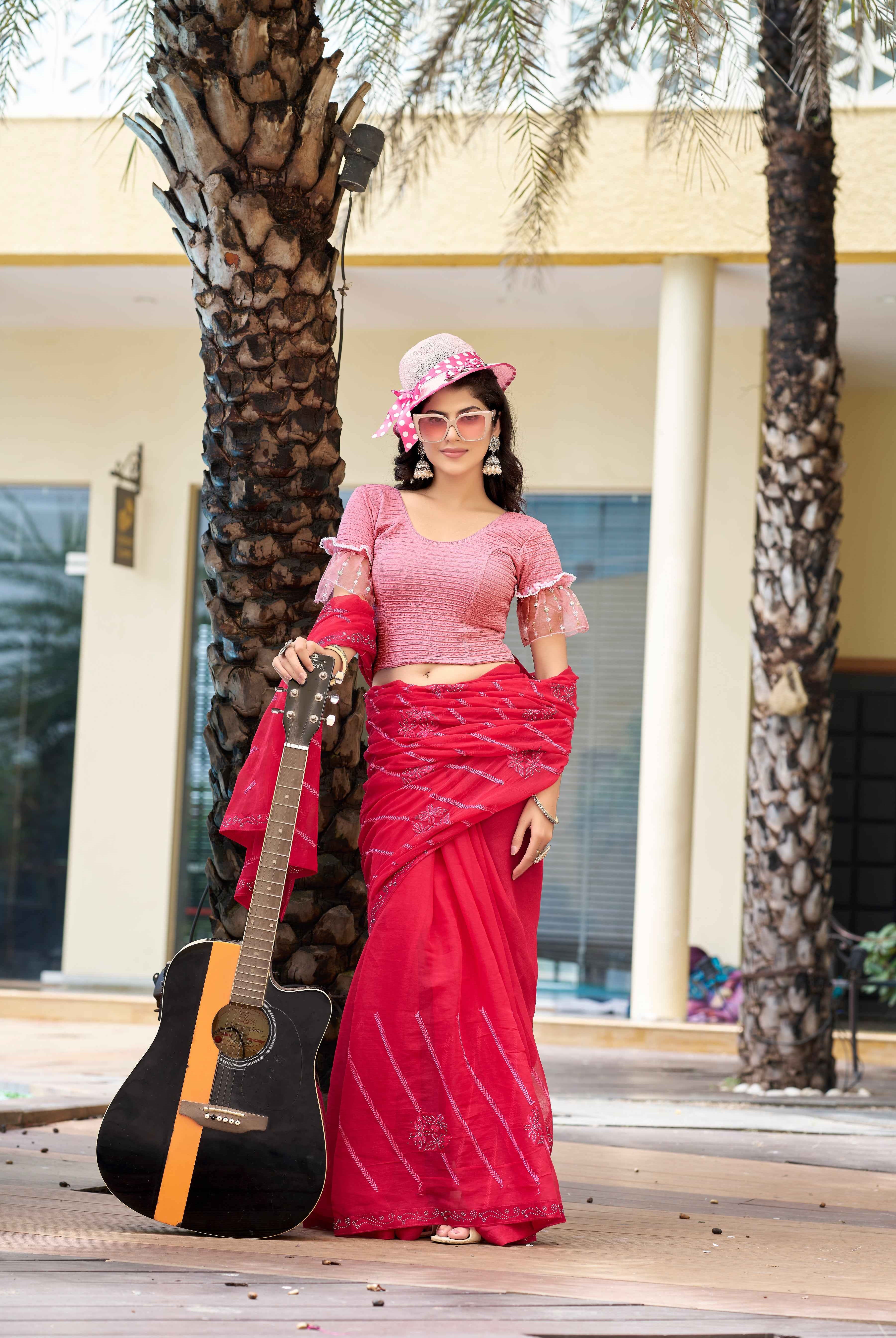 Stay On Trend: Latest Fashion Readymade Blouses for Women,round neckline,Fancy organza A-line sleeves,adorned with pearl lace on hem of sleeves.42018