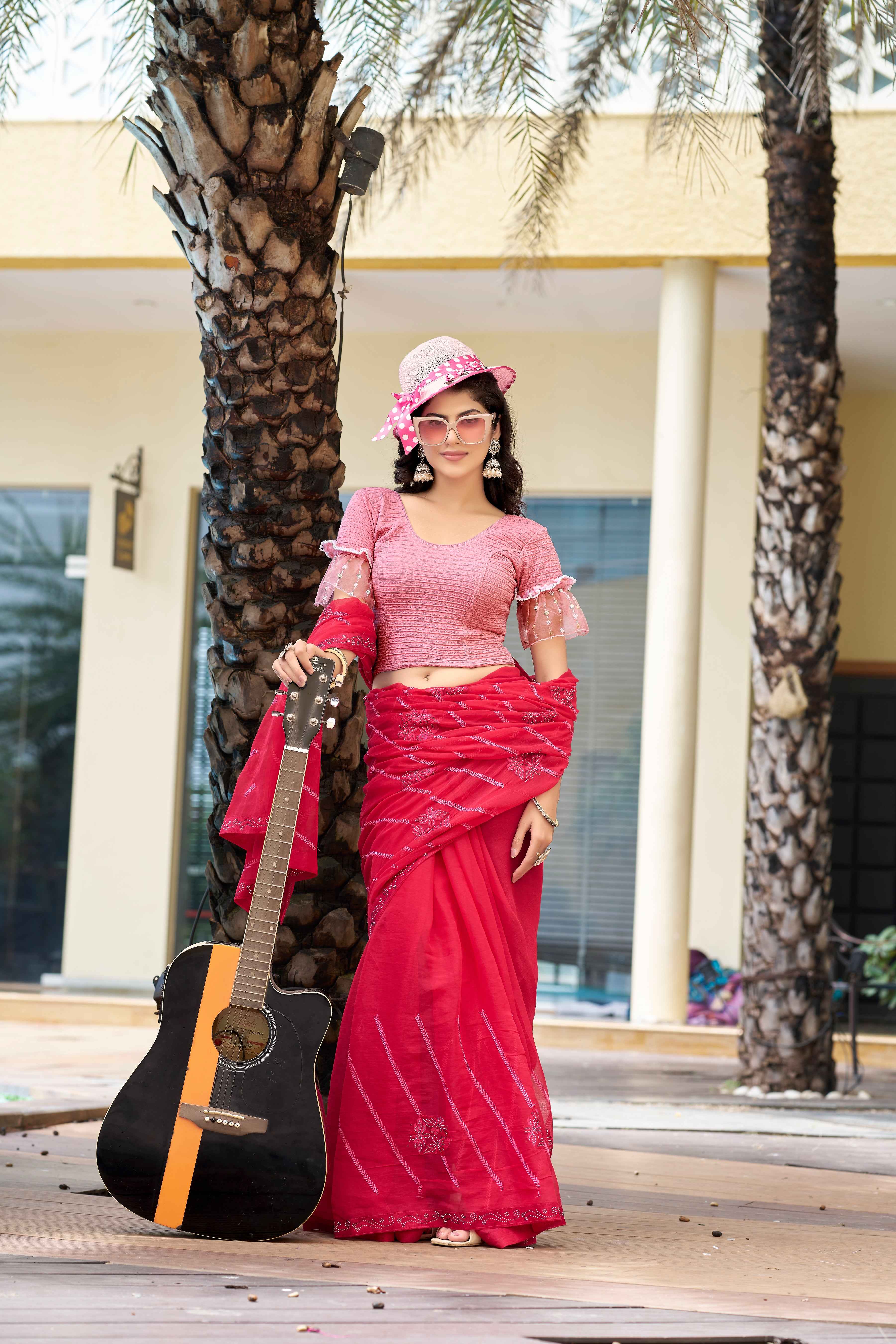 Stay On Trend: Latest Fashion Readymade Blouses for Women,round neckline,Fancy organza A-line sleeves,adorned with pearl lace on hem of sleeves.42018