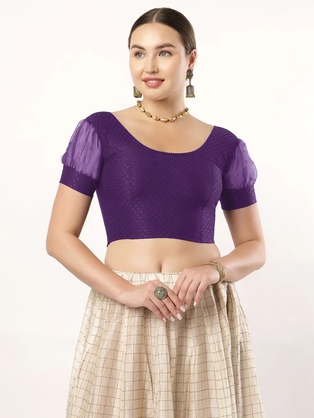 Stay On Trend: Fancy Organza Balloon Sleeves Blouse for Women, Round Neckline, Fabric Cuff, 605