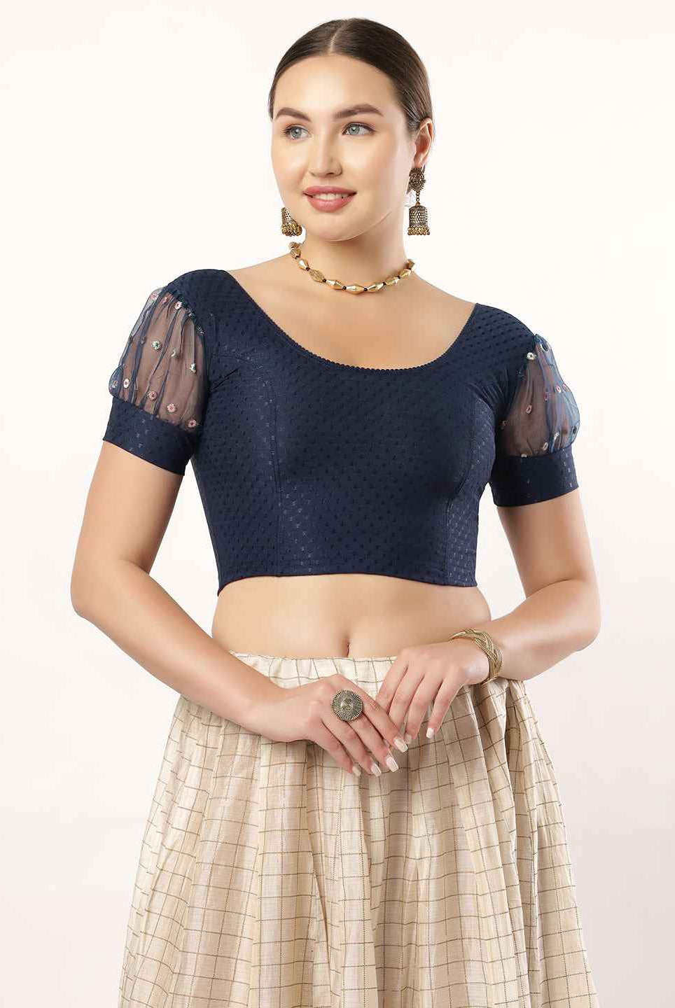 Stay On Trend with Fancy Organza Balloon Sleeve Blouse for Women - Round Neckline, Fabric Cuff, 601