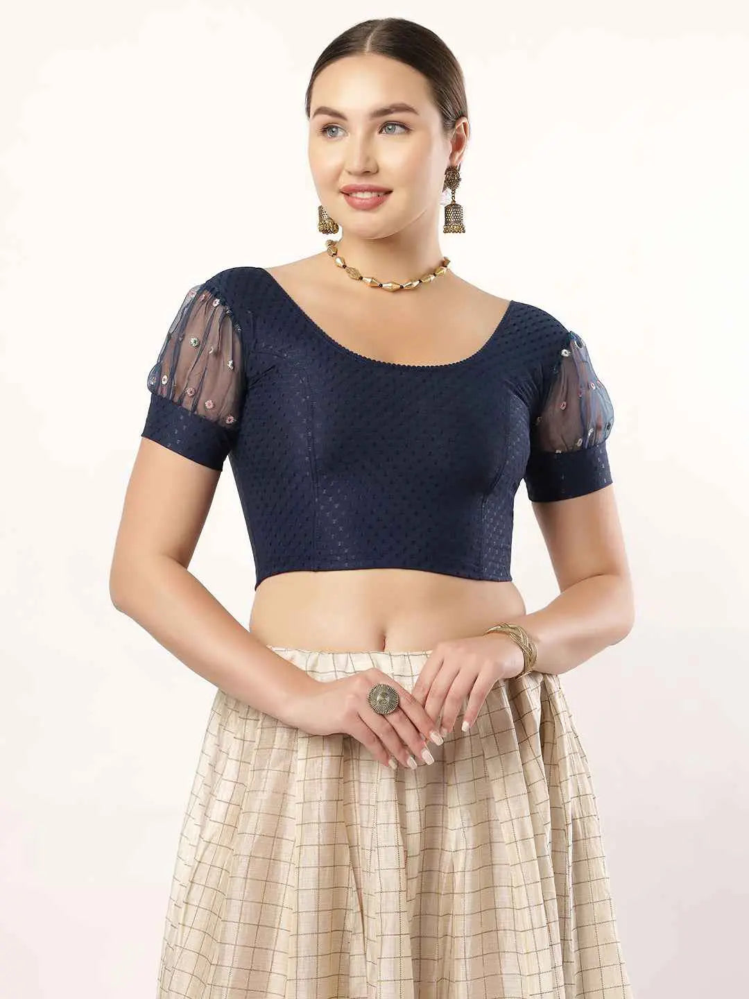 Stay On Trend with Fancy Organza Balloon Sleeve Blouse for Women - Round Neckline, Fabric Cuff, 601