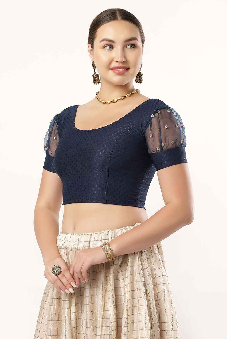 Stay On Trend with Fancy Organza Balloon Sleeve Blouse for Women - Round Neckline, Fabric Cuff, 601