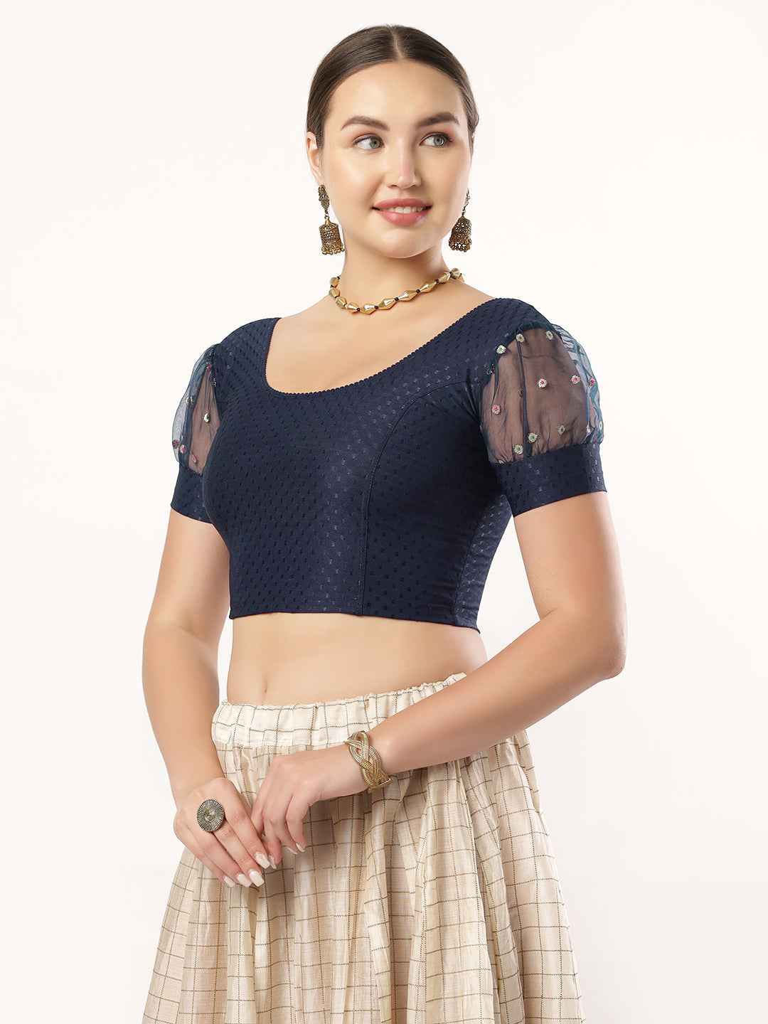 Stay On Trend with Fancy Organza Balloon Sleeve Blouse for Women - Round Neckline, Fabric Cuff, 601