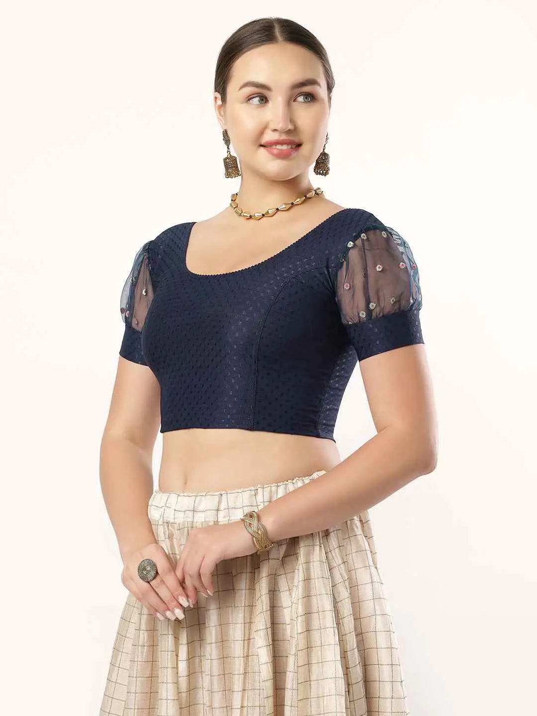 Stay On Trend with Fancy Organza Balloon Sleeve Blouse for Women - Round Neckline, Fabric Cuff, 601