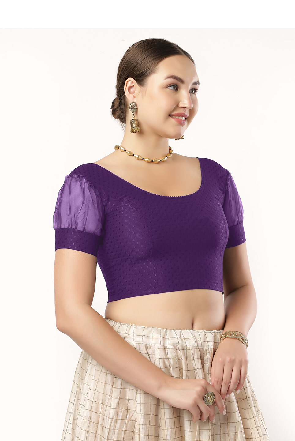 Stay On Trend: Fancy Organza Balloon Sleeves Blouse for Women, Round Neckline, Fabric Cuff, 605