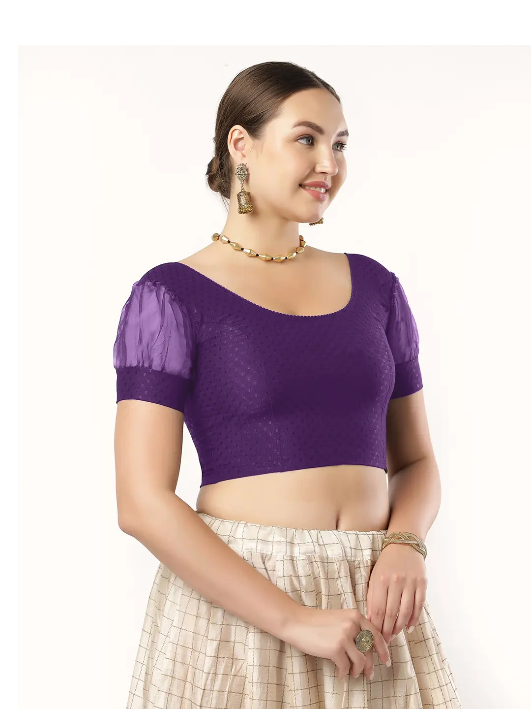 Stay On Trend: Fancy Organza Balloon Sleeves Blouse for Women, Round Neckline, Fabric Cuff, 605