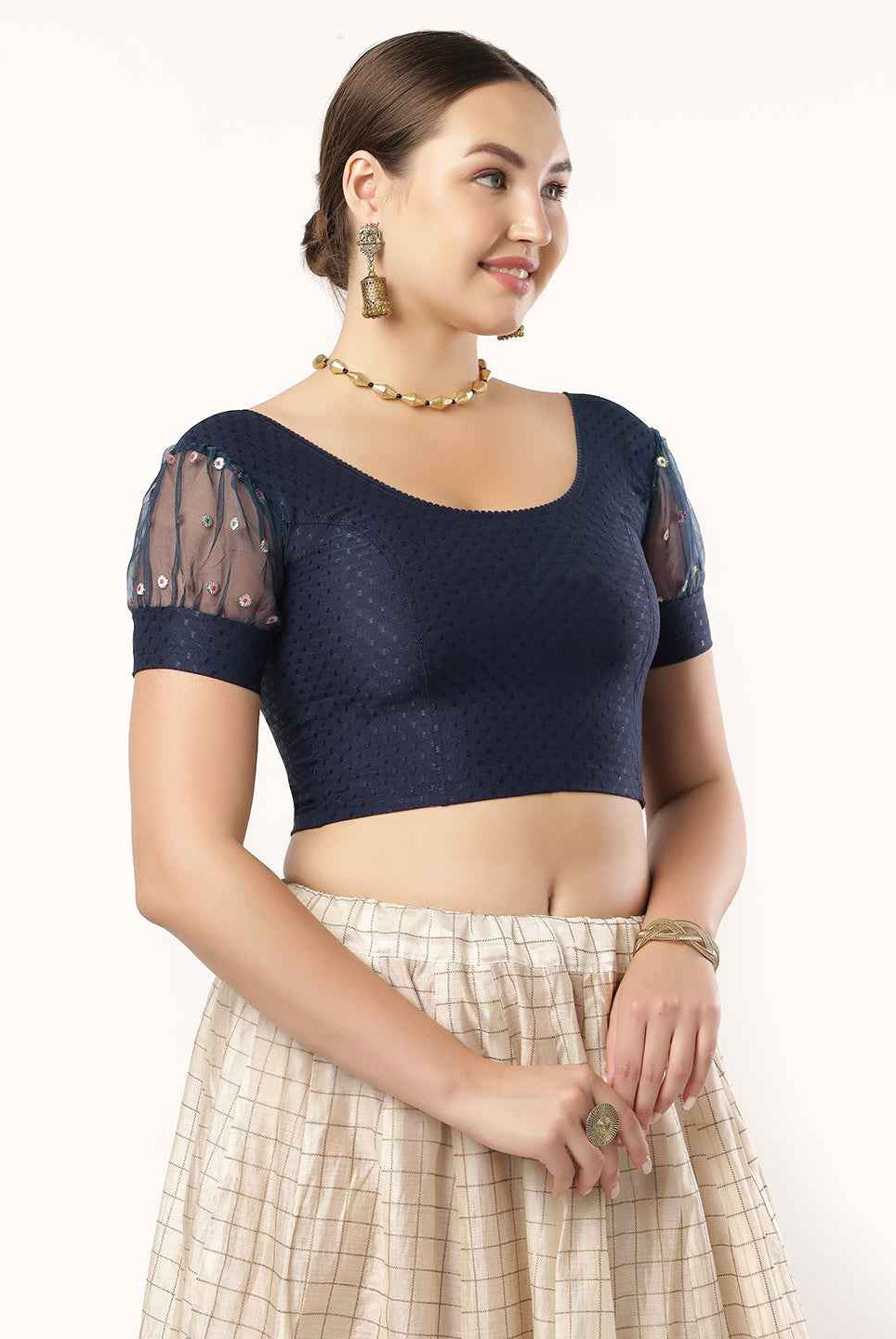 Stay On Trend with Fancy Organza Balloon Sleeve Blouse for Women - Round Neckline, Fabric Cuff, 601