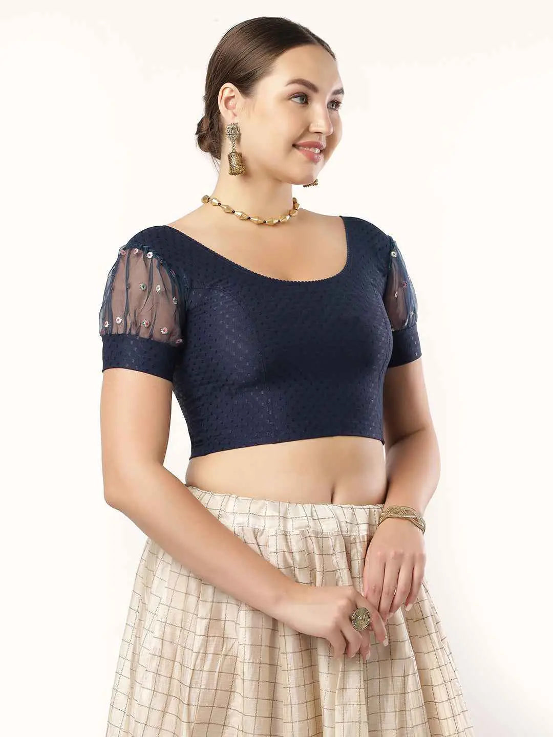 Stay On Trend with Fancy Organza Balloon Sleeve Blouse for Women - Round Neckline, Fabric Cuff, 601