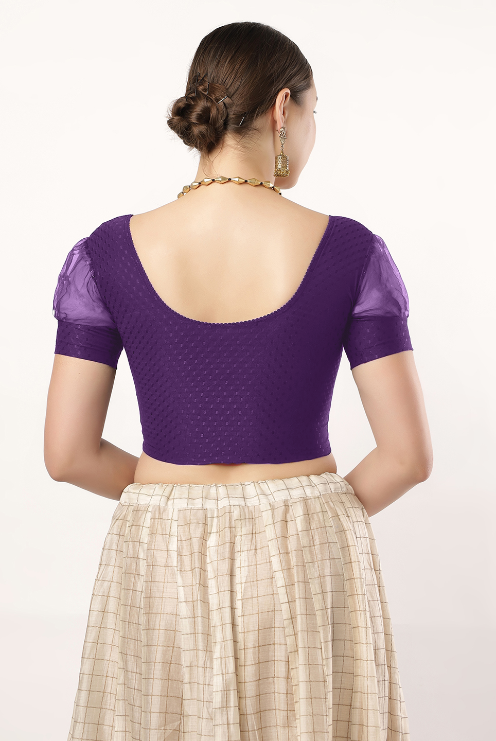 Stay On Trend: Fancy Organza Balloon Sleeves Blouse for Women, Round Neckline, Fabric Cuff, 605