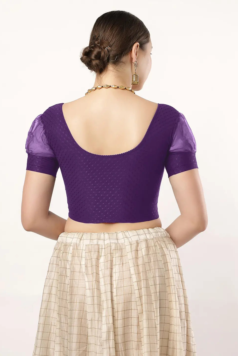 Stay On Trend: Fancy Organza Balloon Sleeves Blouse for Women, Round Neckline, Fabric Cuff, 605