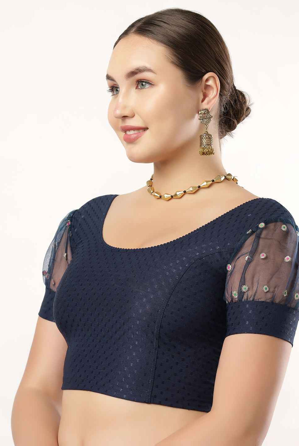 Stay On Trend with Fancy Organza Balloon Sleeve Blouse for Women - Round Neckline, Fabric Cuff, 601