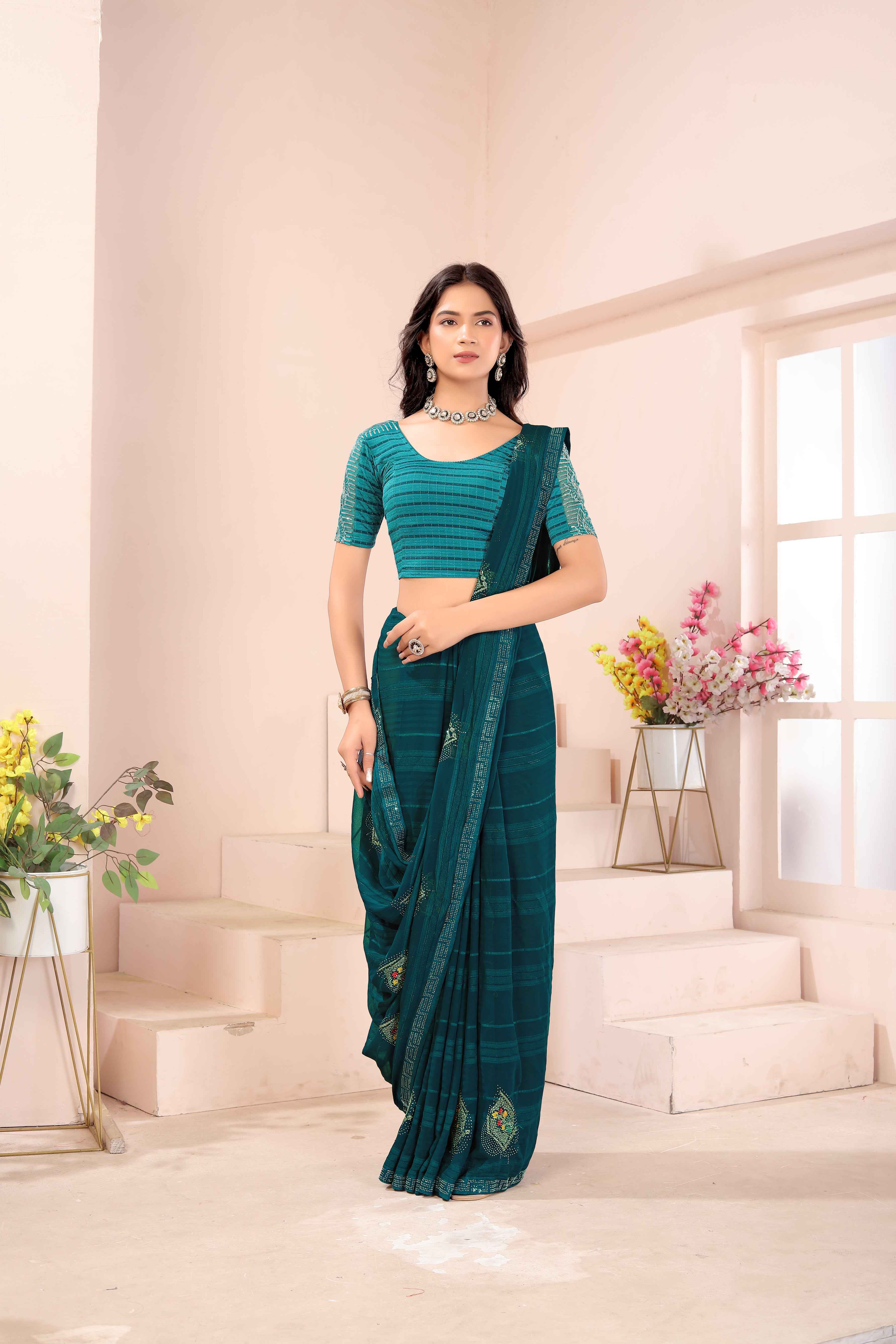 Stay On Trend: Latest Fashion Readymade Blouses for Women,round neckline ,elbow sleeves with fancy organza on sleeves.40055