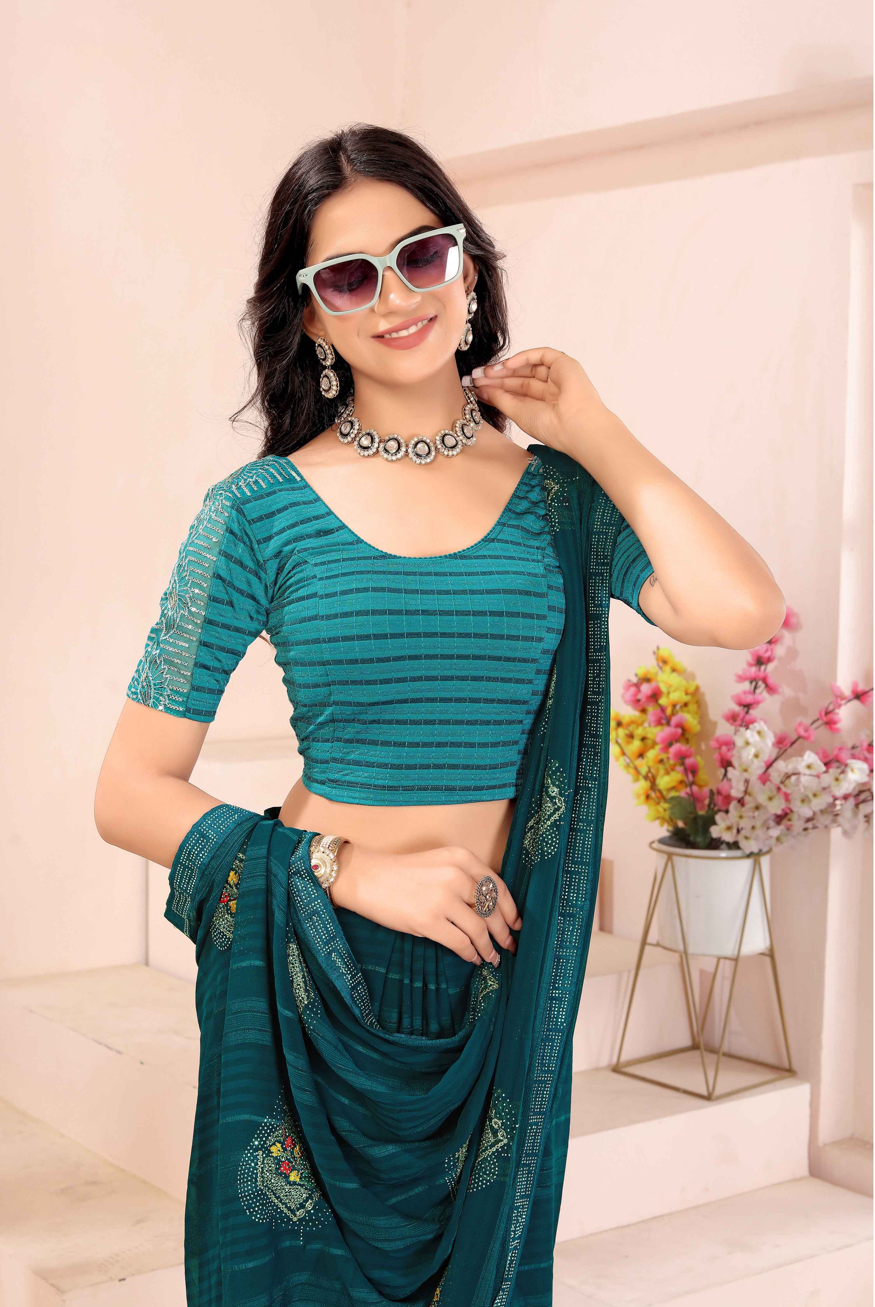 Stay On Trend: Latest Fashion Readymade Blouses for Women,round neckline ,elbow sleeves with fancy organza on sleeves.40055