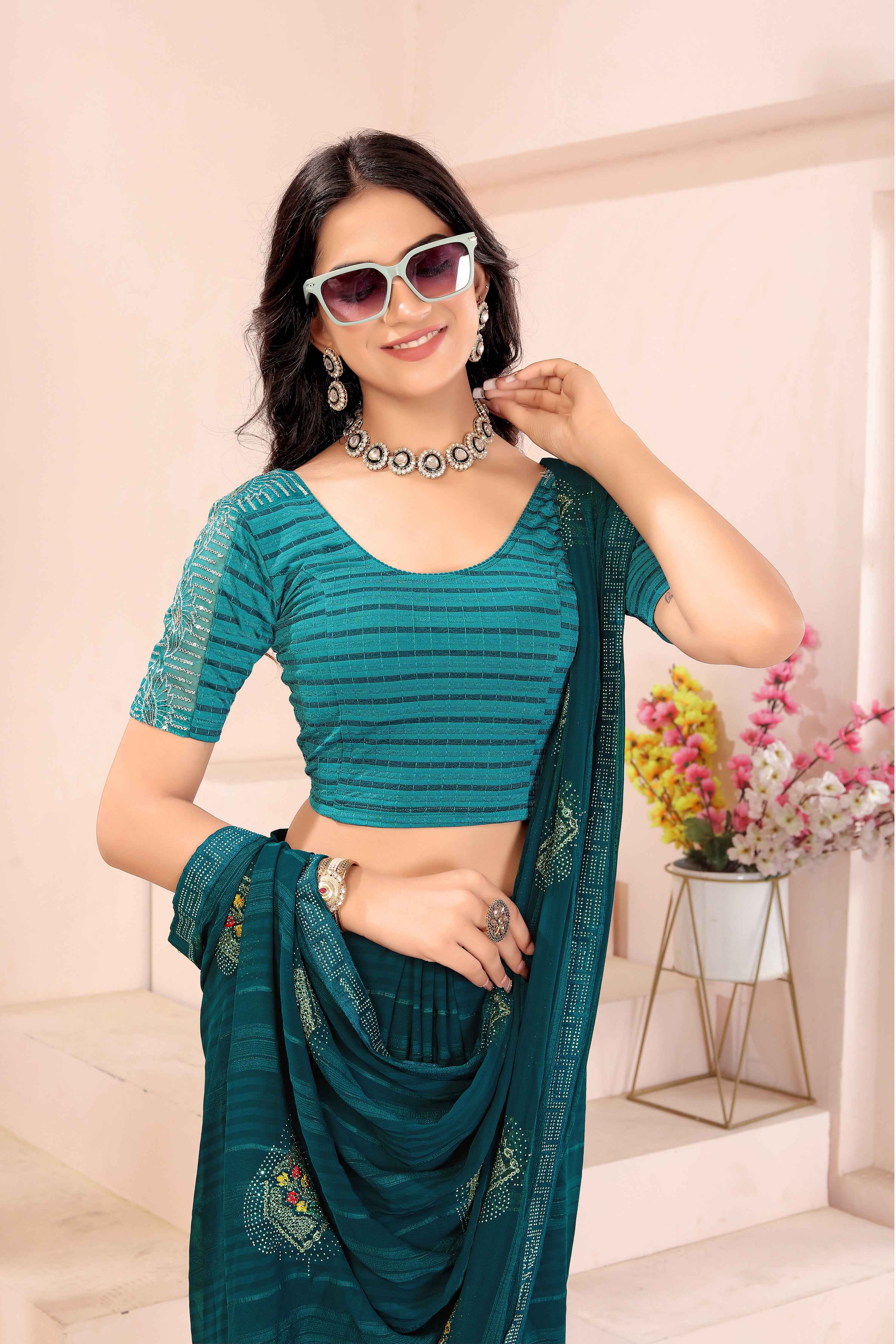 Stay On Trend: Latest Fashion Readymade Blouses for Women,round neckline ,elbow sleeves with fancy organza on sleeves.40055