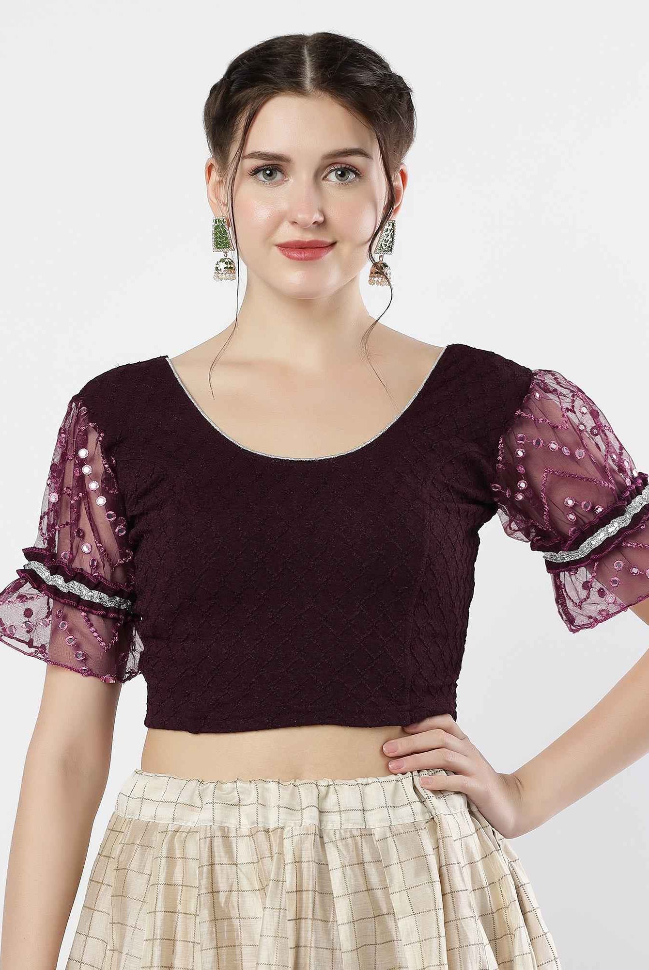 Stay On Trend: Latest Fashion Readymade Blouses for Women,round neckline,abala organza work balloon sleeves ,adorned with lace detail.35050