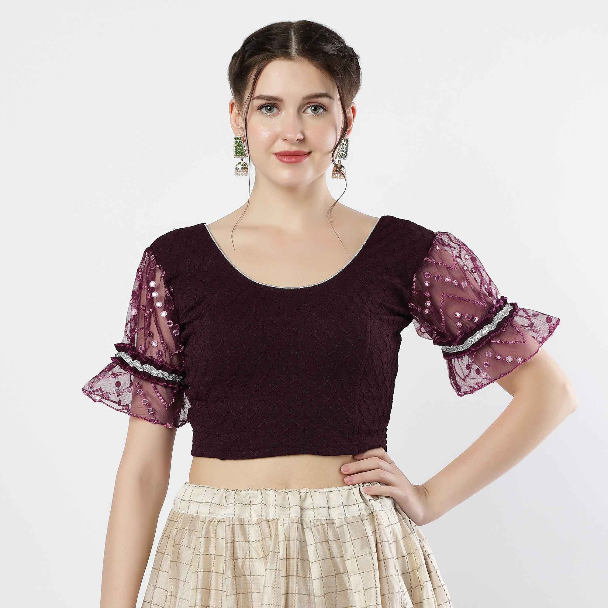 Stay On Trend: Latest Fashion Readymade Blouses for Women,round neckline,abala organza work balloon sleeves ,adorned with lace detail.35050