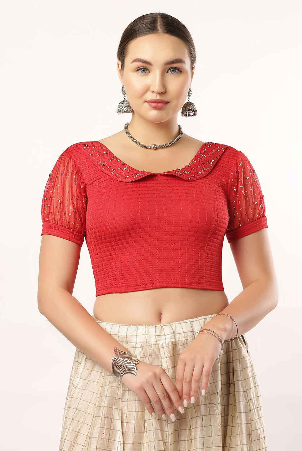 Stay On Trend: Latest Fashion Readymade Blouses for Women, round neckline, Pan Collar Style, Organza Balloon Sleeve Adorned With Swarovski and Beads.28060