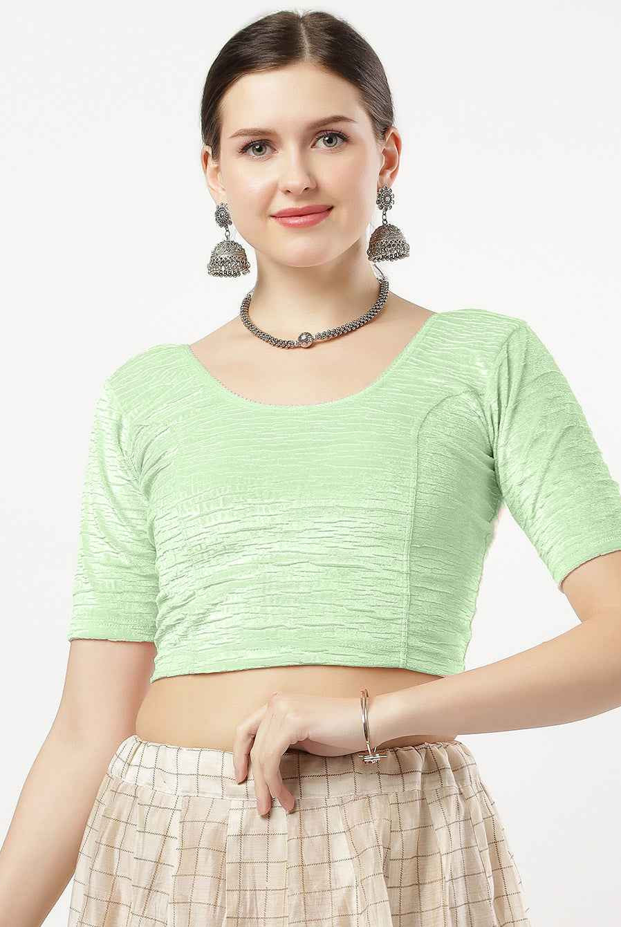 Stay On Trend: Latest Fashion Readymade Blouses for Women,Imported patterned textured velvet round neckline ,elbow sleeves.40040