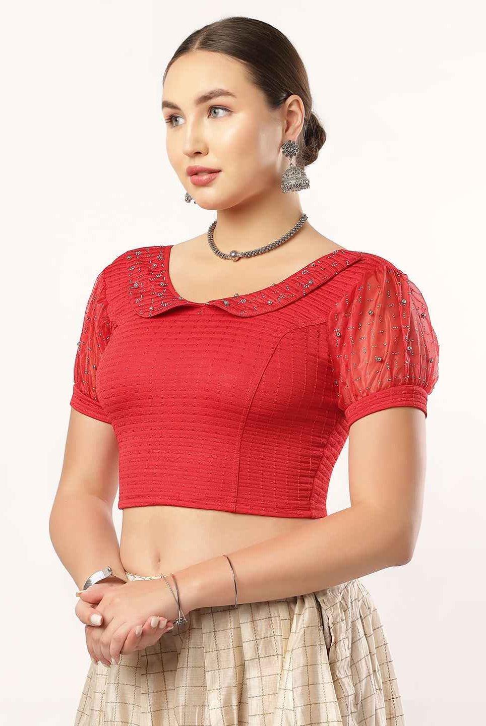 Stay On Trend: Latest Fashion Readymade Blouses for Women, round neckline, Pan Collar Style, Organza Balloon Sleeve Adorned With Swarovski and Beads.28060