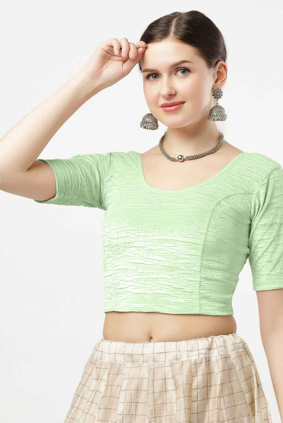 Stay On Trend: Latest Fashion Readymade Blouses for Women,Imported patterned textured velvet round neckline ,elbow sleeves.40040