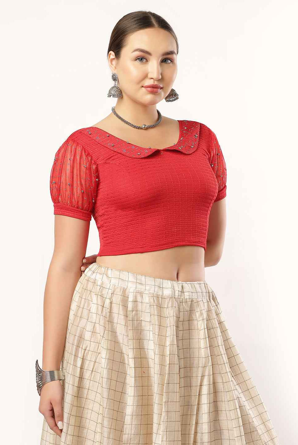 Stay On Trend: Latest Fashion Readymade Blouses for Women, round neckline, Pan Collar Style, Organza Balloon Sleeve Adorned With Swarovski and Beads.28060