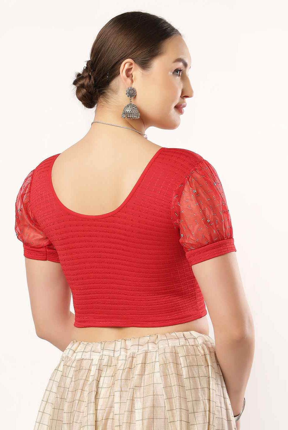 Stay On Trend: Latest Fashion Readymade Blouses for Women, round neckline, Pan Collar Style, Organza Balloon Sleeve Adorned With Swarovski and Beads.28060