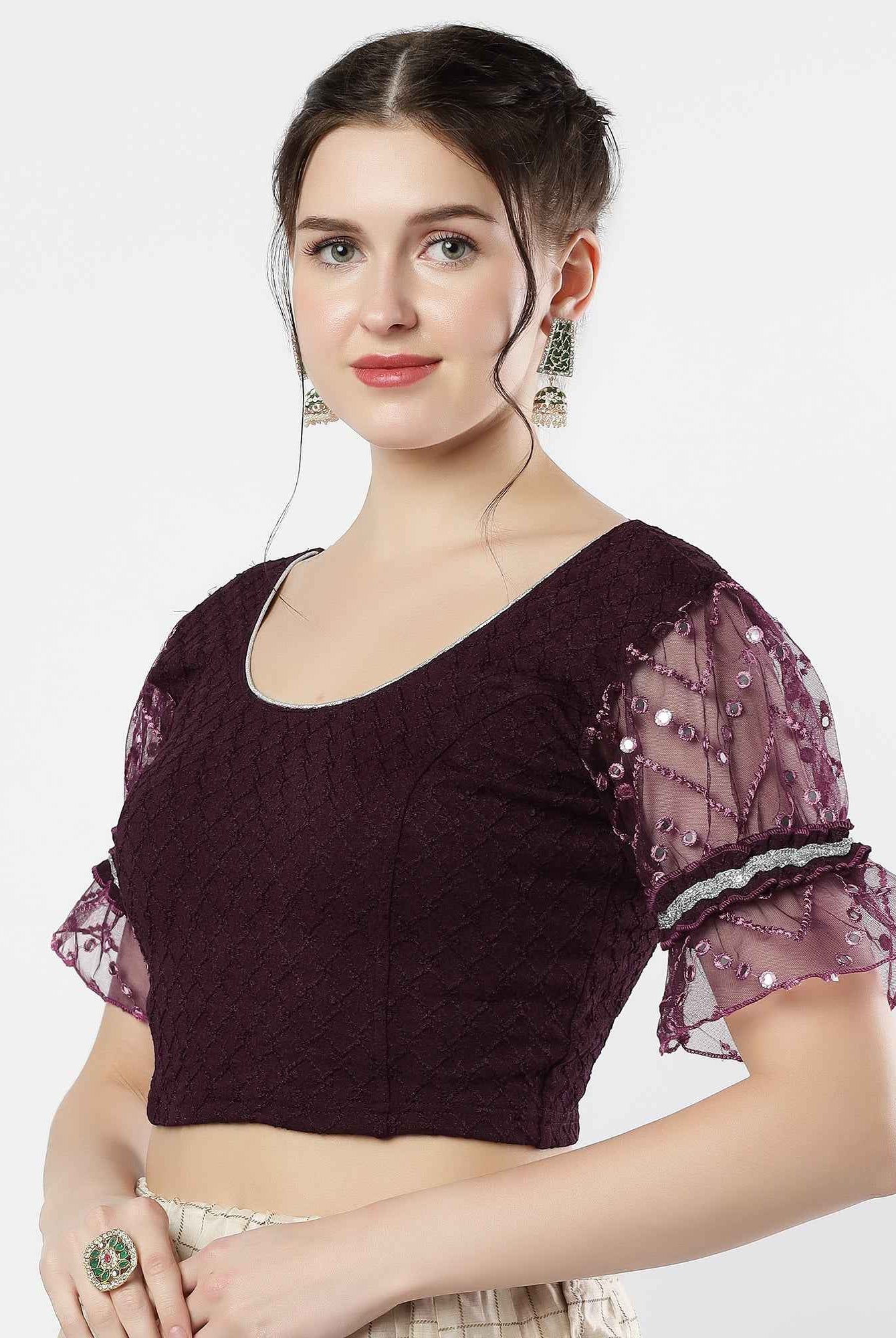 Stay On Trend: Latest Fashion Readymade Blouses for Women,round neckline,abala organza work balloon sleeves ,adorned with lace detail.35050