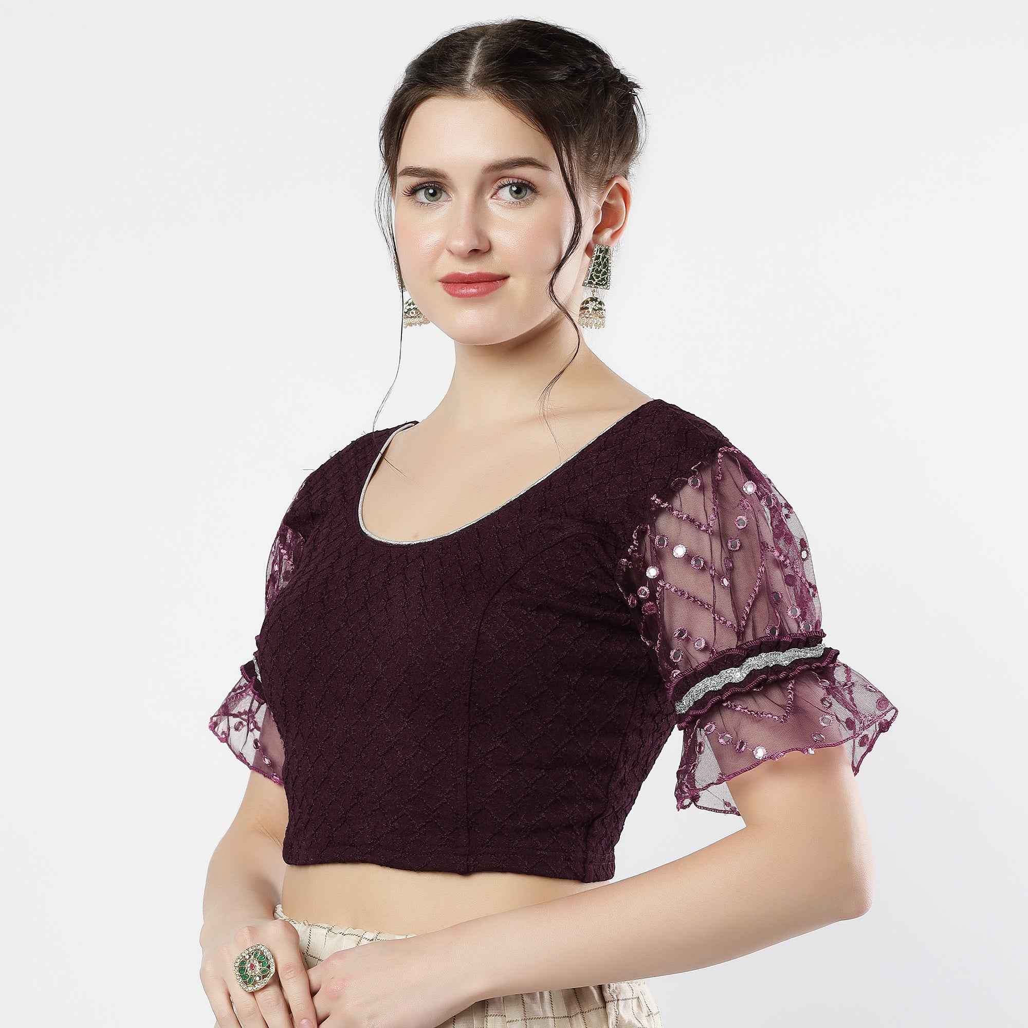 Stay On Trend: Latest Fashion Readymade Blouses for Women,round neckline,abala organza work balloon sleeves ,adorned with lace detail.35050