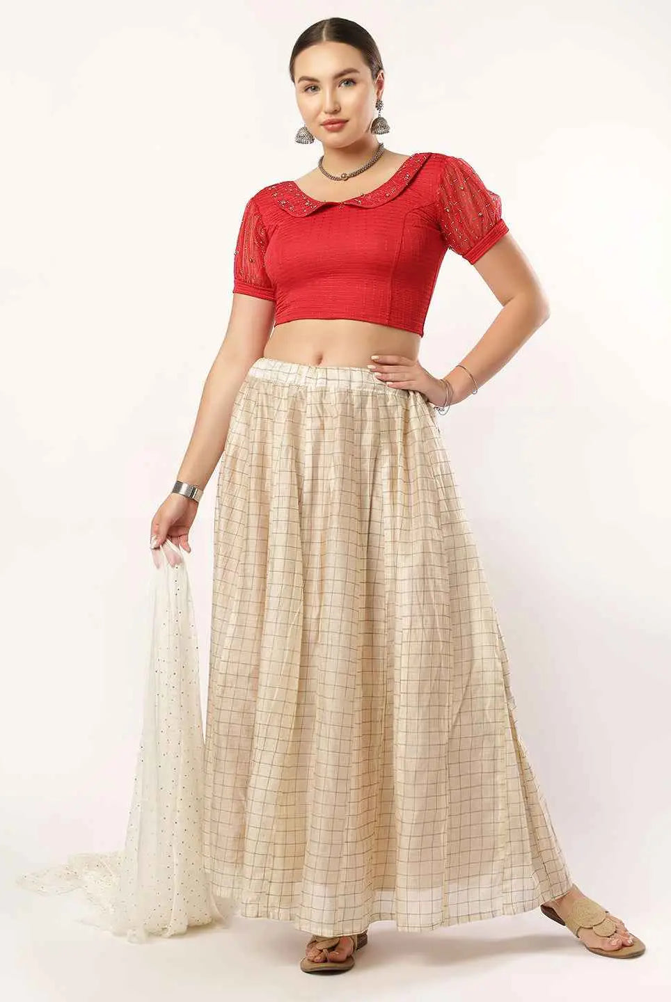 Stay On Trend: Latest Fashion Readymade Blouses for Women, round neckline, Pan Collar Style, Organza Balloon Sleeve Adorned With Swarovski and Beads.28060