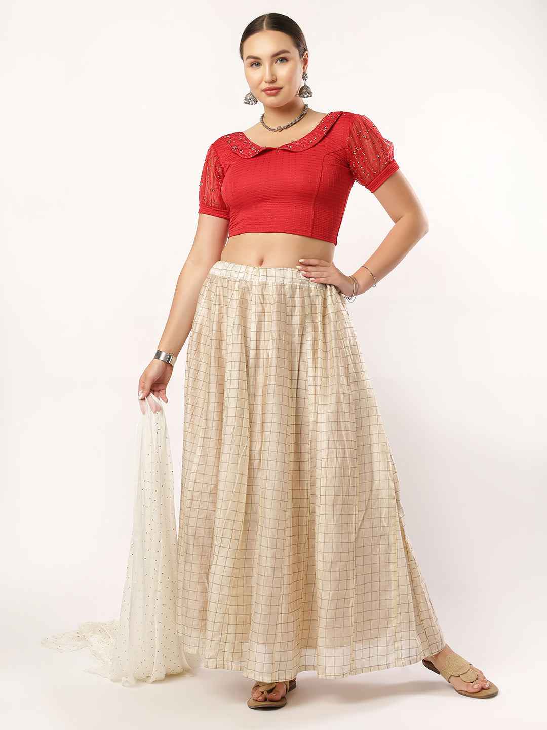 Stay On Trend: Latest Fashion Readymade Blouses for Women, round neckline, Pan Collar Style, Organza Balloon Sleeve Adorned With Swarovski and Beads.28060