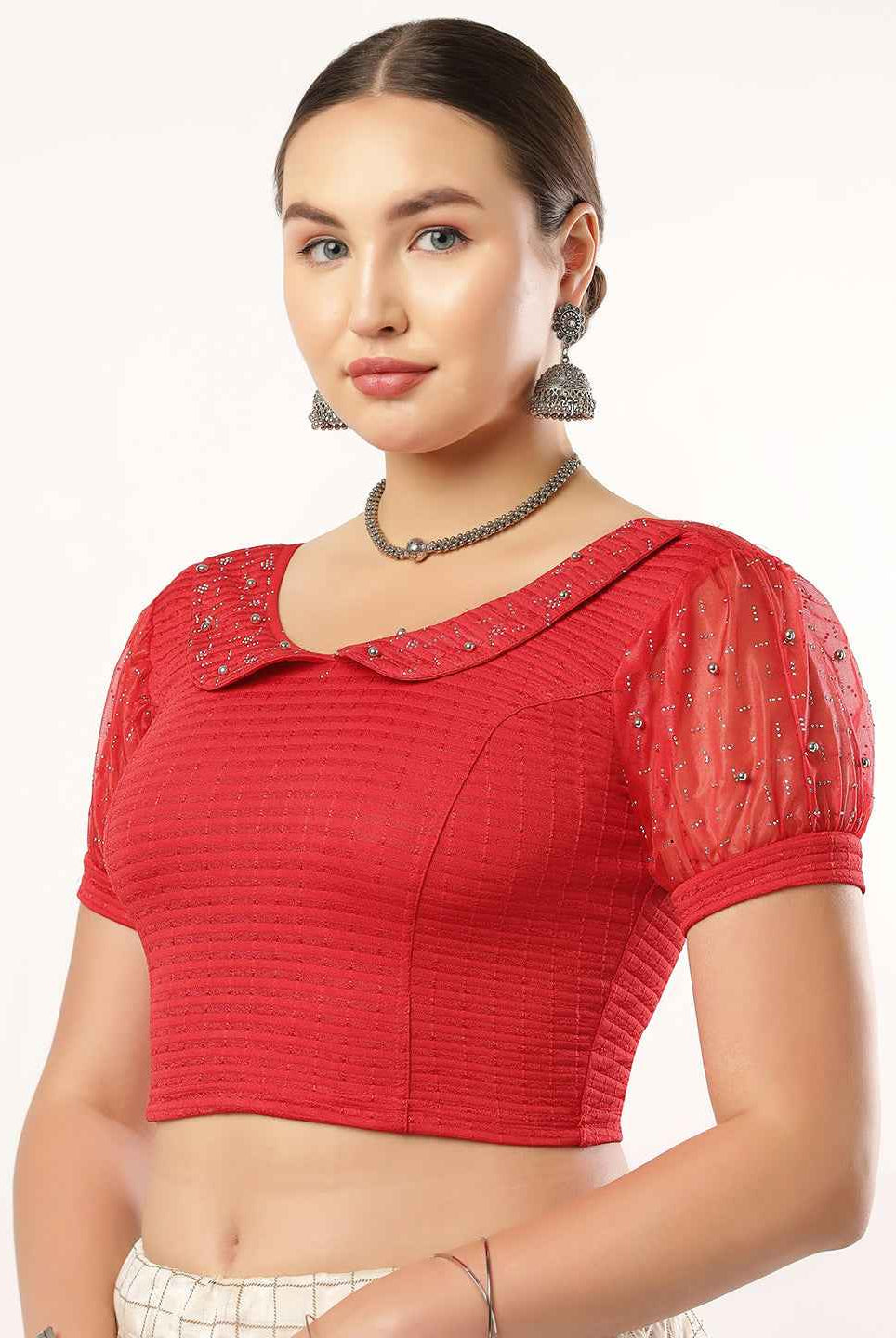 Stay On Trend: Latest Fashion Readymade Blouses for Women, round neckline, Pan Collar Style, Organza Balloon Sleeve Adorned With Swarovski and Beads.28060