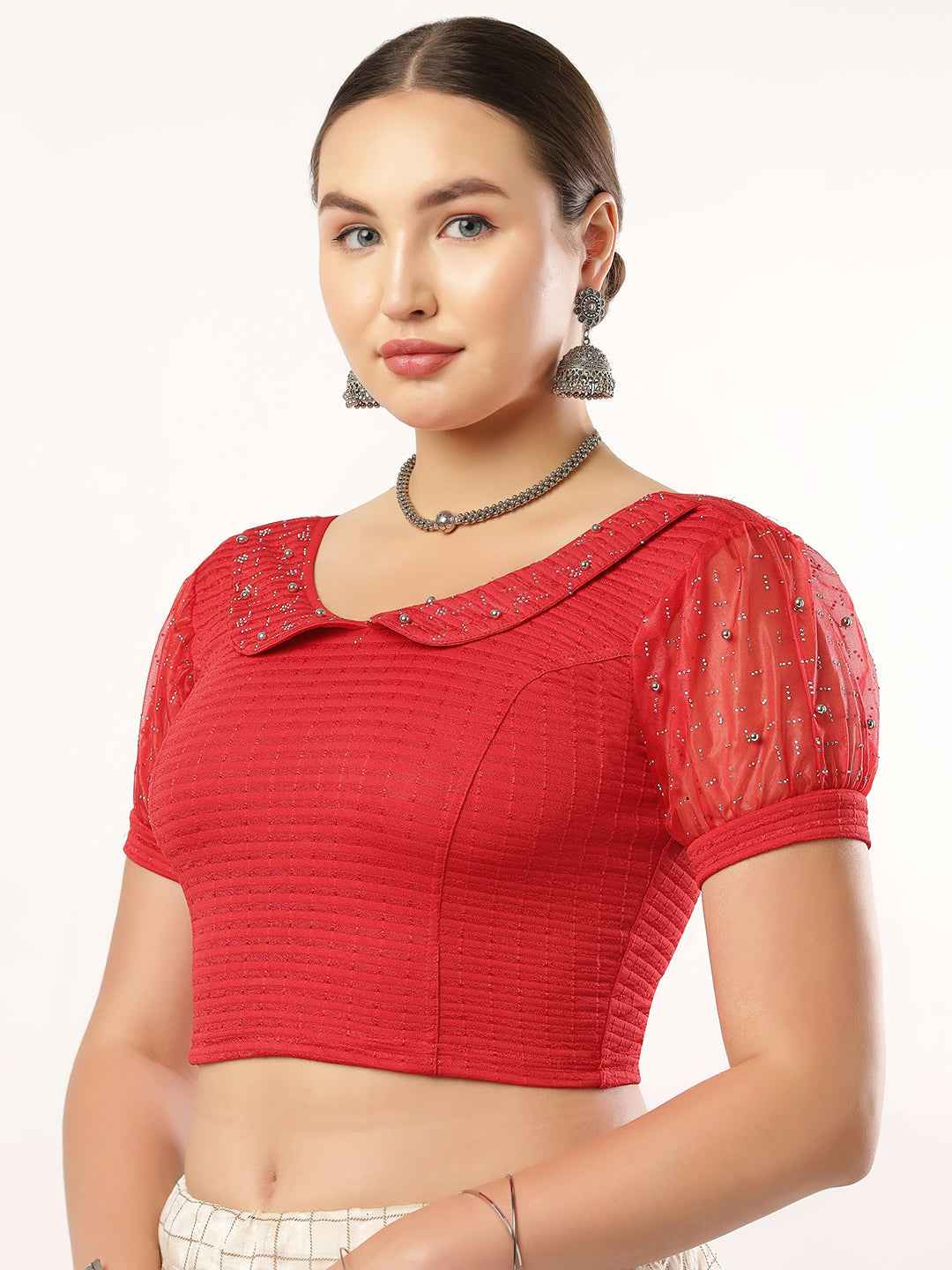 Stay On Trend: Latest Fashion Readymade Blouses for Women, round neckline, Pan Collar Style, Organza Balloon Sleeve Adorned With Swarovski and Beads.28060