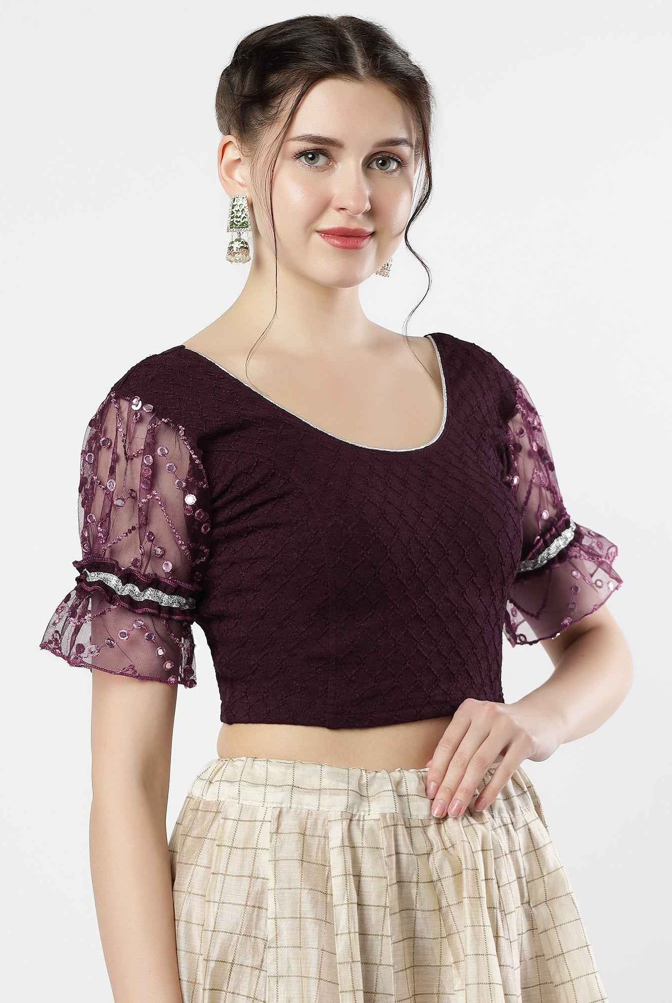 Stay On Trend: Latest Fashion Readymade Blouses for Women,round neckline,abala organza work balloon sleeves ,adorned with lace detail.35050