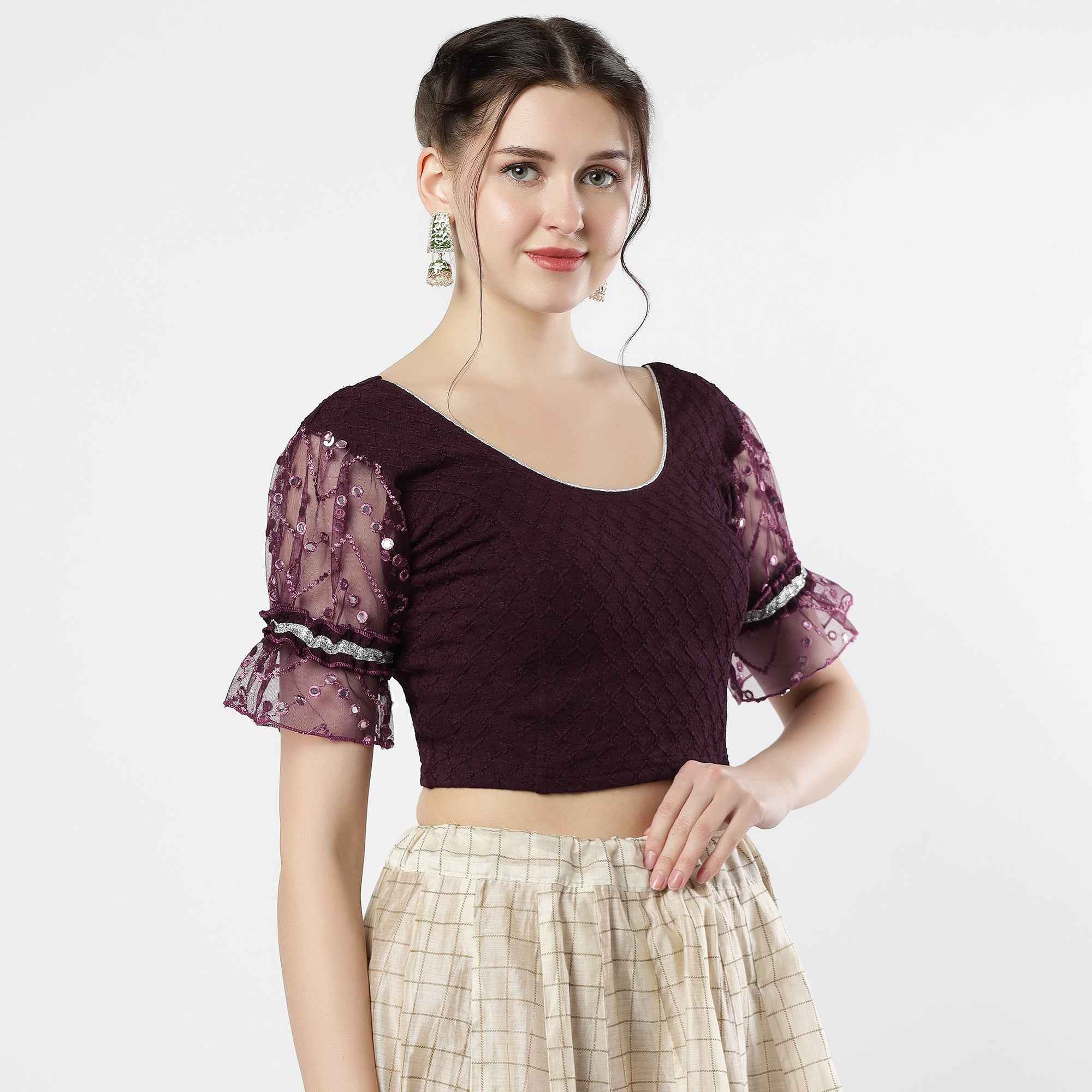 Stay On Trend: Latest Fashion Readymade Blouses for Women,round neckline,abala organza work balloon sleeves ,adorned with lace detail.35050