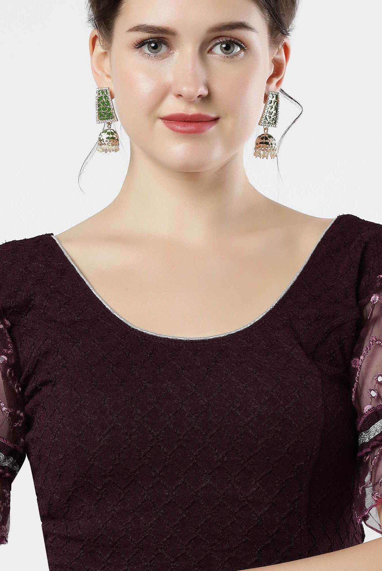 Stay On Trend: Latest Fashion Readymade Blouses for Women,round neckline,abala organza work balloon sleeves ,adorned with lace detail.35050