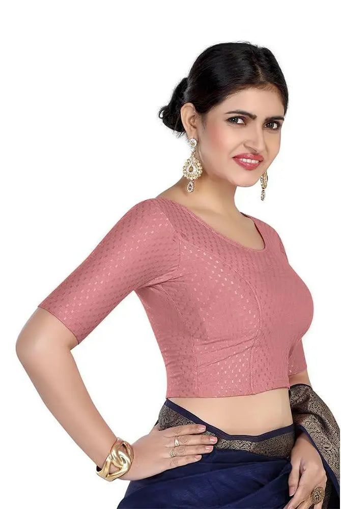 FINESTFIT Round Neck 100% Cotton Dobby Fabric Stretchable Elbow Sleeve Readymade Saree Blouse for Women.4096