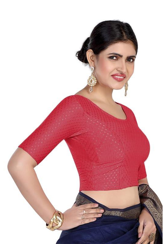 FINESTFIT Round Neck 100% Cotton Dobby Fabric Stretchable Elbow Sleeve Readymade Saree Blouse for Women.4096