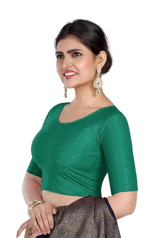 FINESTFIT Round Neck 100% Cotton Dobby Fabric Stretchable Elbow Sleeve Readymade Saree Blouse for Women.4096