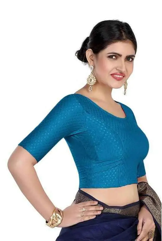 FINESTFIT 100% Cotton Fabric Stretchable Round Neck Elbow Sleeve Readymade Saree Blouse for Women - 4096 (Copy)