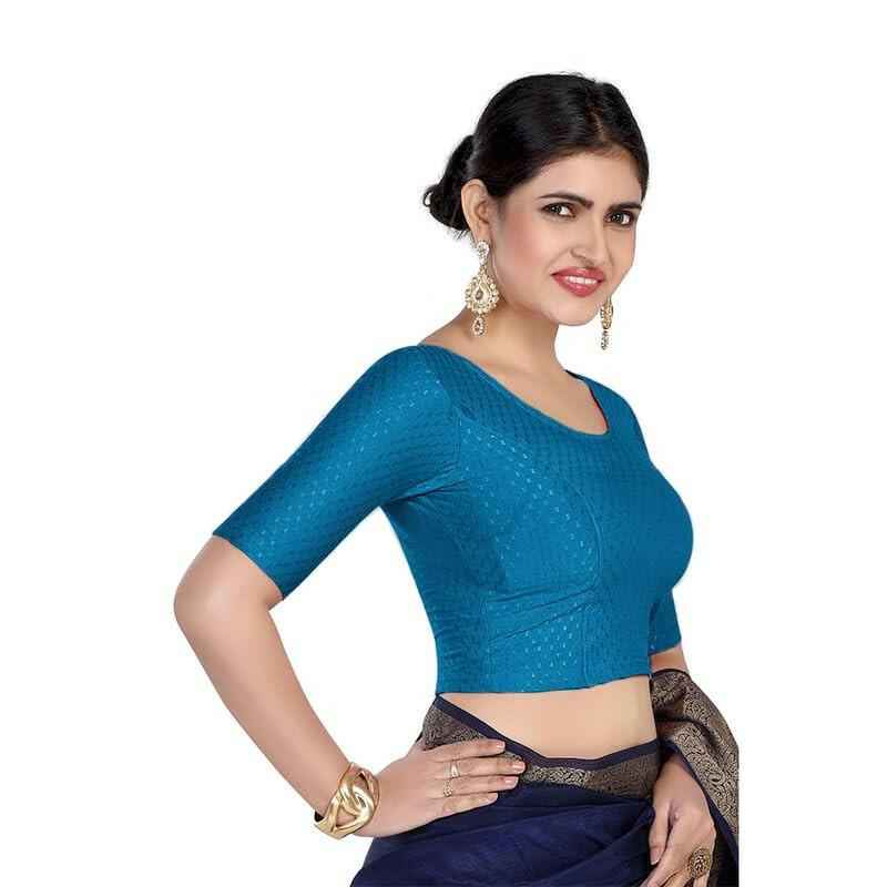 FINESTFIT 100% Cotton Fabric Stretchable Round Neck Elbow Sleeve Readymade Saree Blouse for Women - 4096