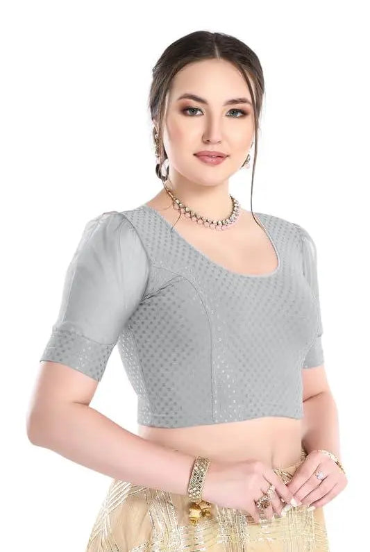 FINESTFIT Stay On Trend Latest Fashion 100% Cotton Dobby Readymade Blouses for Women,Round Neckline with Organza Balloon Sleeves.4520