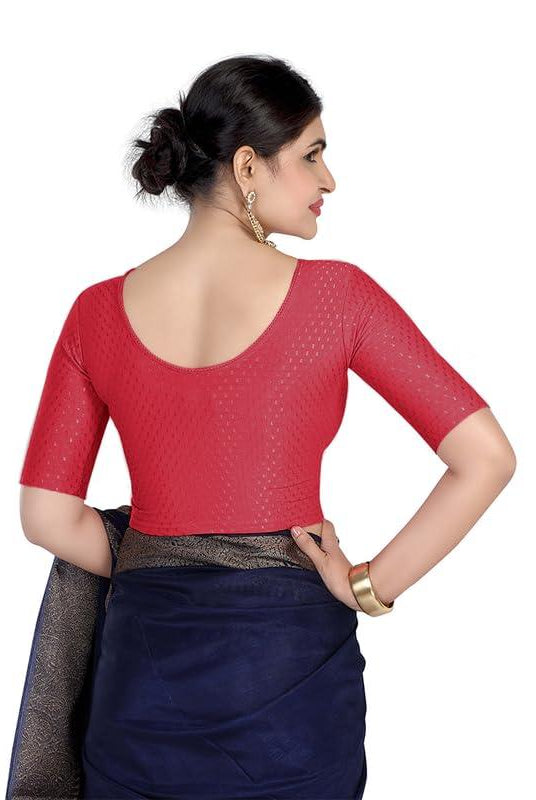 FINESTFIT Round Neck 100% Cotton Dobby Fabric Stretchable Elbow Sleeve Readymade Saree Blouse for Women.4096