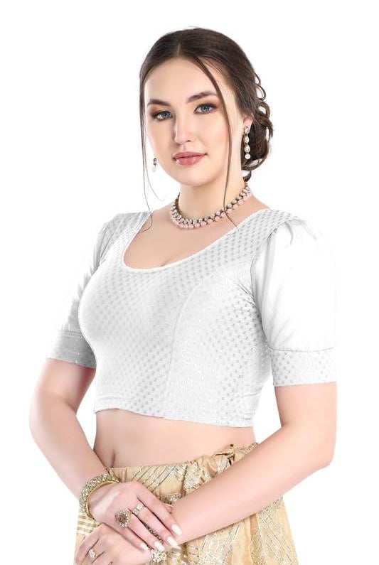 FINESTFIT Stay On Trend Latest Fashion 100% Cotton Dobby Readymade Blouses for Women,Round Neckline with Organza Balloon Sleeves.4520