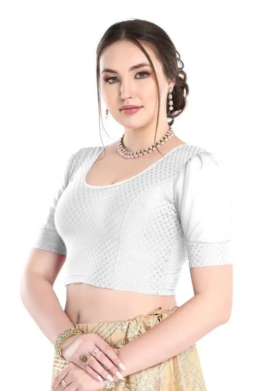 FINESTFIT Stay On Trend Latest Fashion 100% Cotton Dobby Readymade Blouses for Women,Round Neckline with Organza Balloon Sleeves.4520