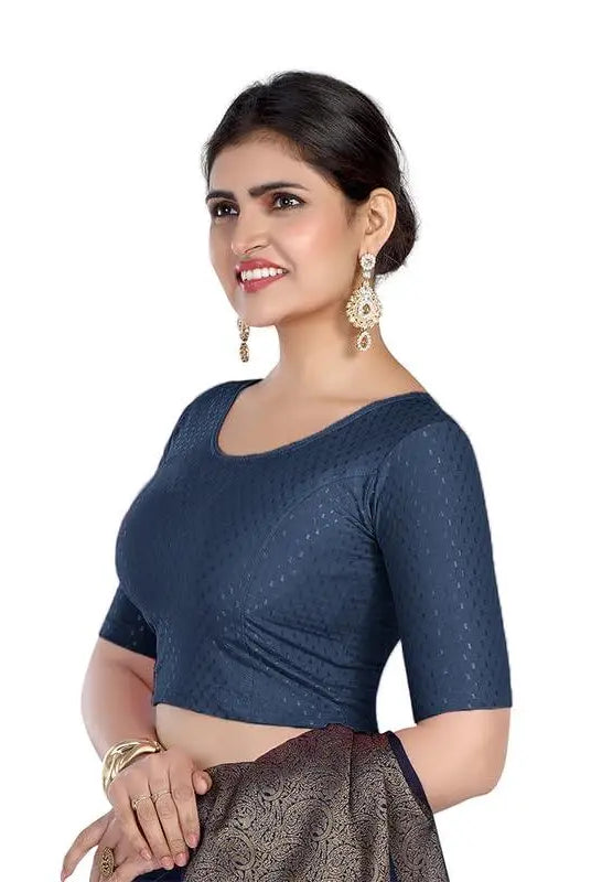FINESTFIT Round Neck 100% Cotton Dobby Fabric Stretchable Elbow Sleeve Readymade Saree Blouse for Women.4096